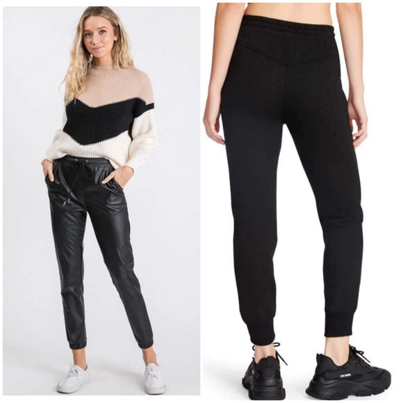 Steve Madden Maria Black Faux Leather Knit Joggers - Picture 1 of 9